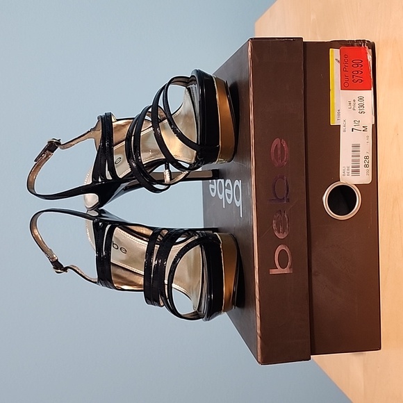 BEBE Baili black leather high heels sandals, Size 7.5M - Picture 7 of 8